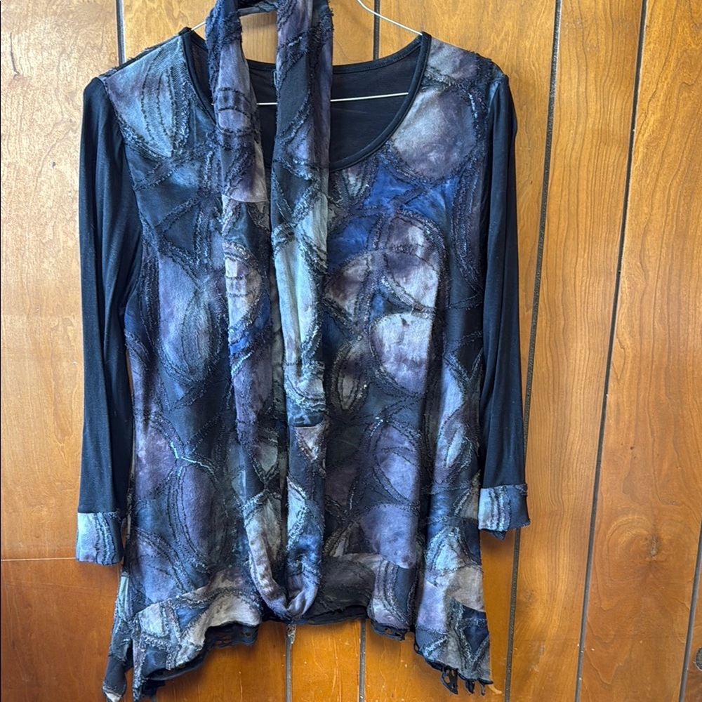 Elegant Blue and Black Women's Top with Scarf